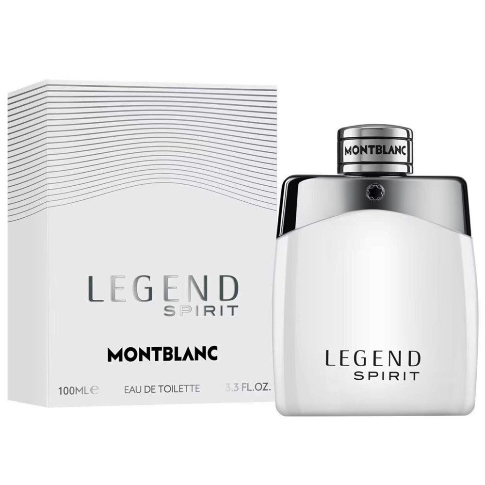 Flacon blanc Legend Spirit avec bouchon argenté. Boîte avec logo et nom du produit. Inscription 100ml et 3.3 FL.OZ.