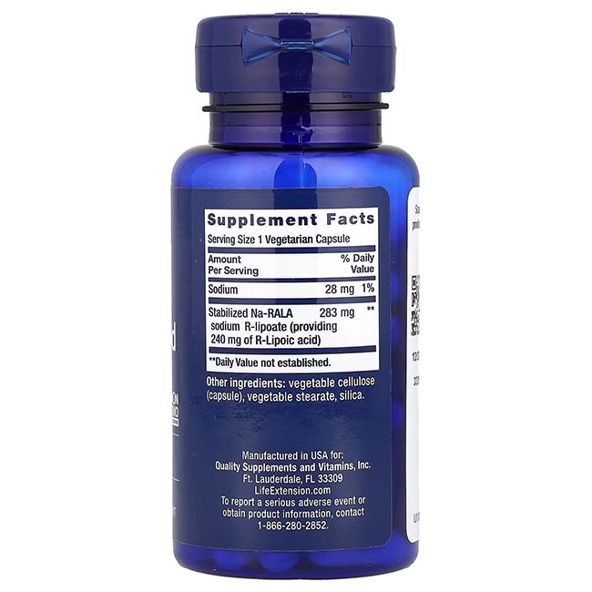 Dos de la bouteille Life Extension Super R-Liponsäure 240 mg avec informations nutritionnelles.