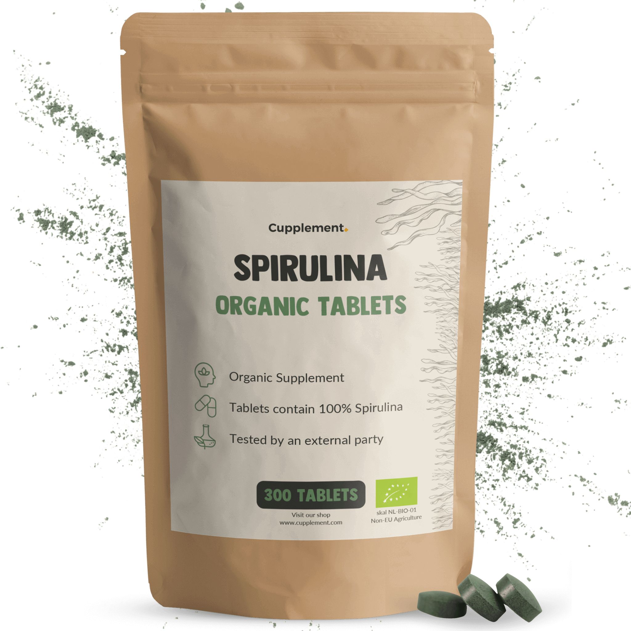 Bruine zak met Spirulina Organic Tablets. 300 tabletten. Groene tabletten ernaast. Bio-label.