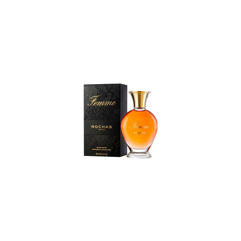 Flacon de parfum et boîte. Flacon avec bouchon doré. Inscription "Femme" et "Rochas Paris". Boîte noire.
