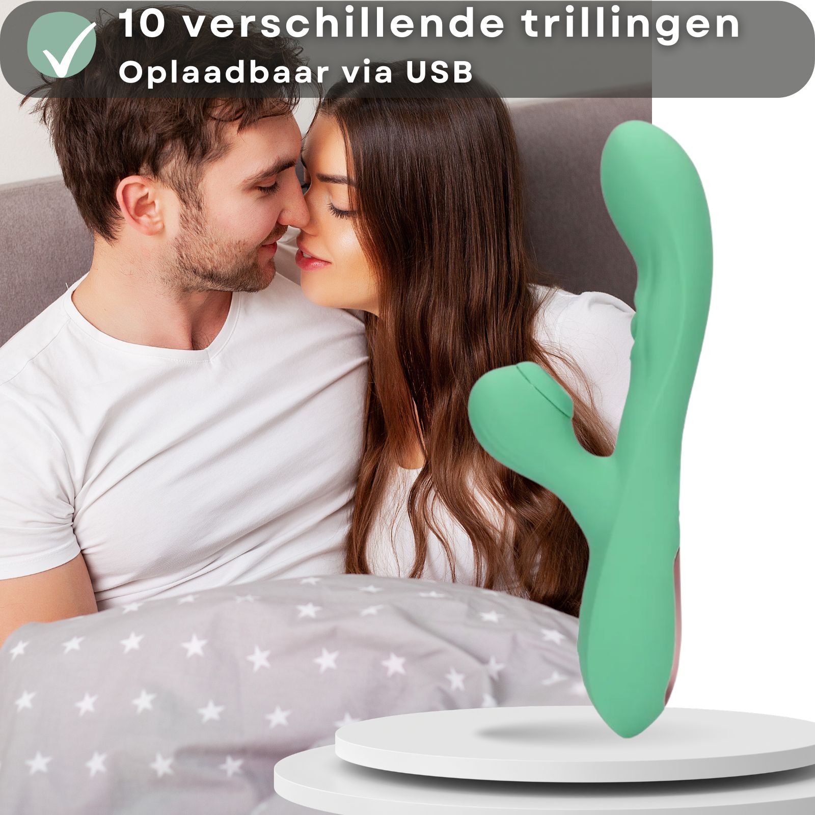 Groene vibrator. Tekst: 10 vibraties, USB oplaadbaar.
