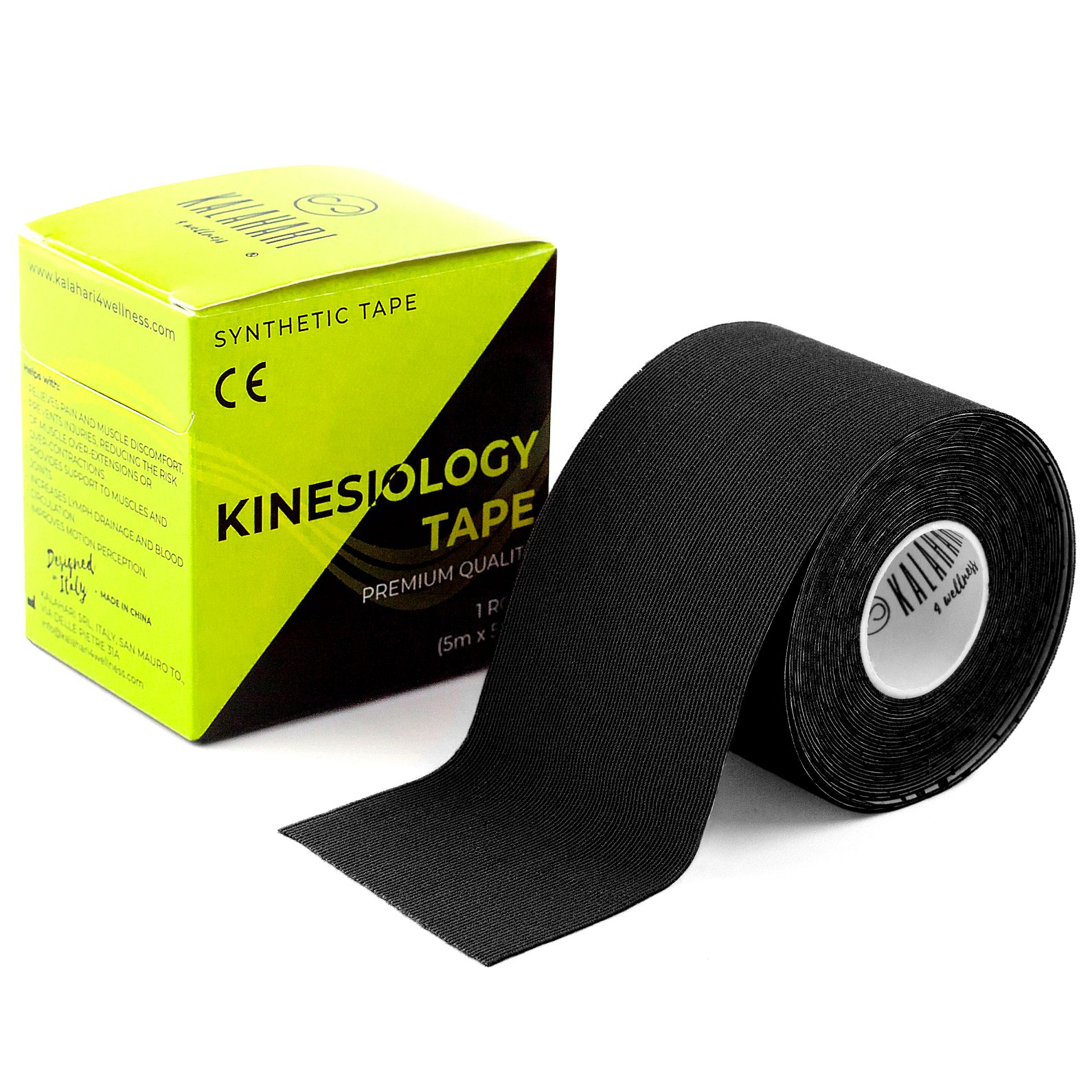 Rouleau de Kinesiology Tape noir avec emballage. Marquage CE visible.