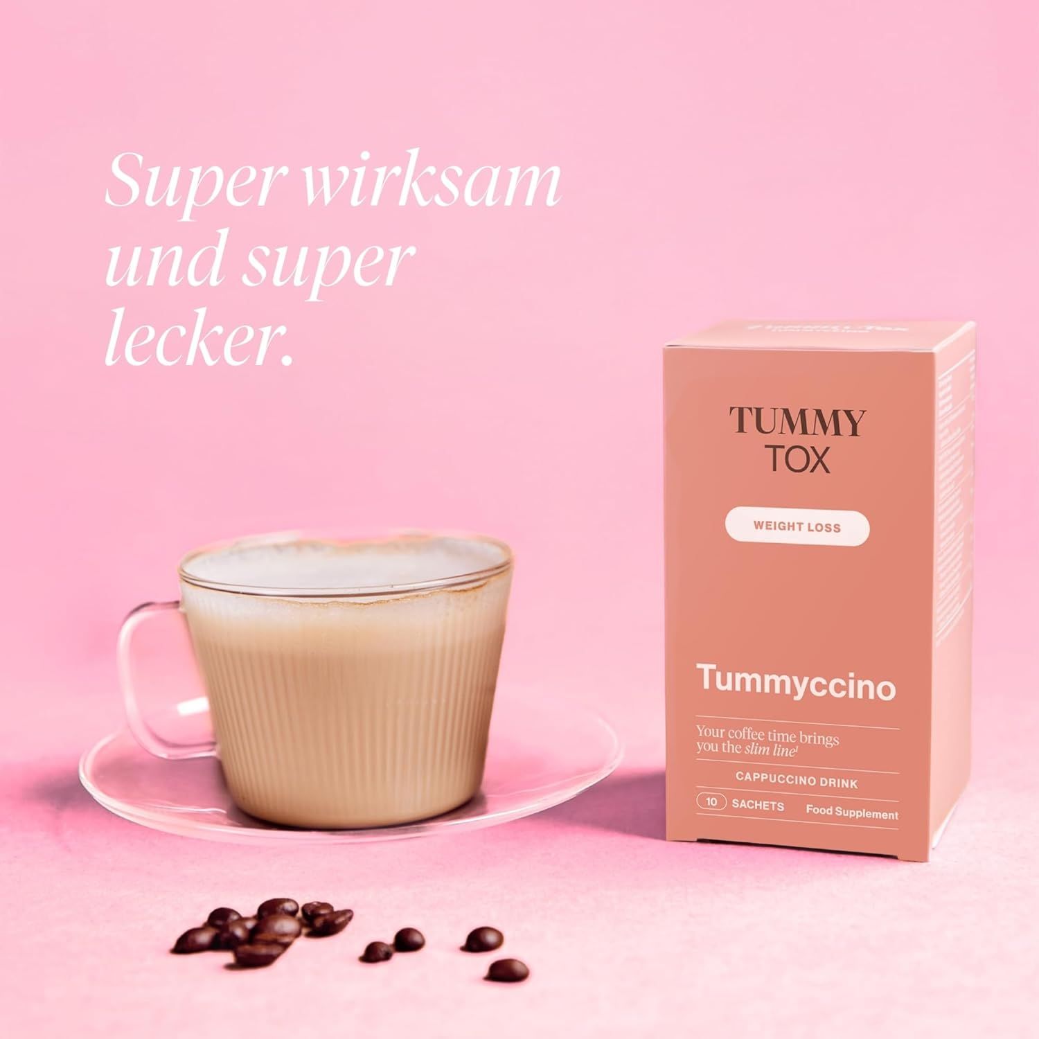 Tasse en verre avec cappuccino, à côté de l'emballage du produit. Texte: Tummyccino, Cappuccino Drink, 10 sachets.