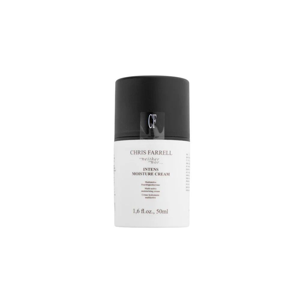 Flacon de crème avec couvercle noir. Inscription: Chris Farrell, Intens Moisture Cream. 1,6 fl.oz., 50ml.
