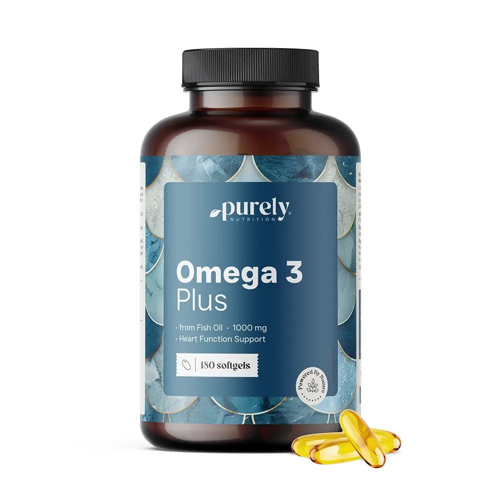 Bruine fles Purely Nutrition Omega 3 Plus, 150 softgels. Gele capsules. Opschrift: Heart Function Support.