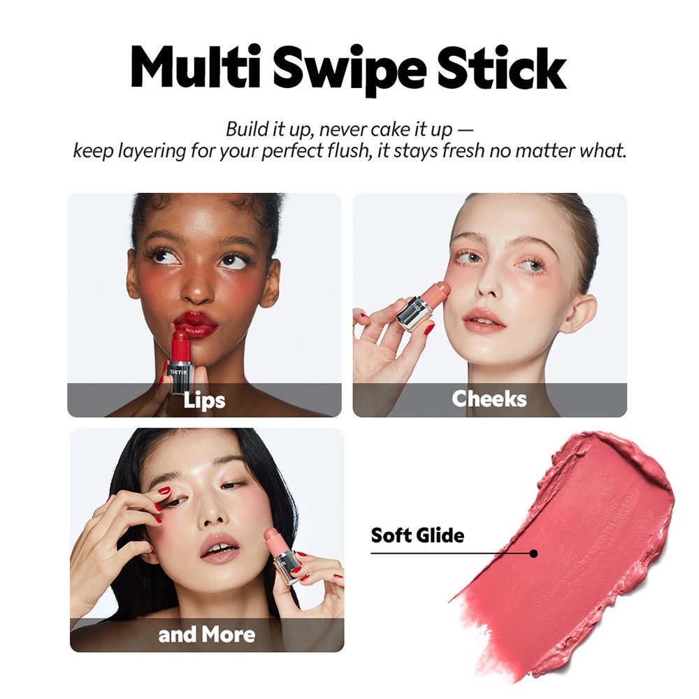 Vier modellen met TIRTIR Mood Glider op lippen en wangen.