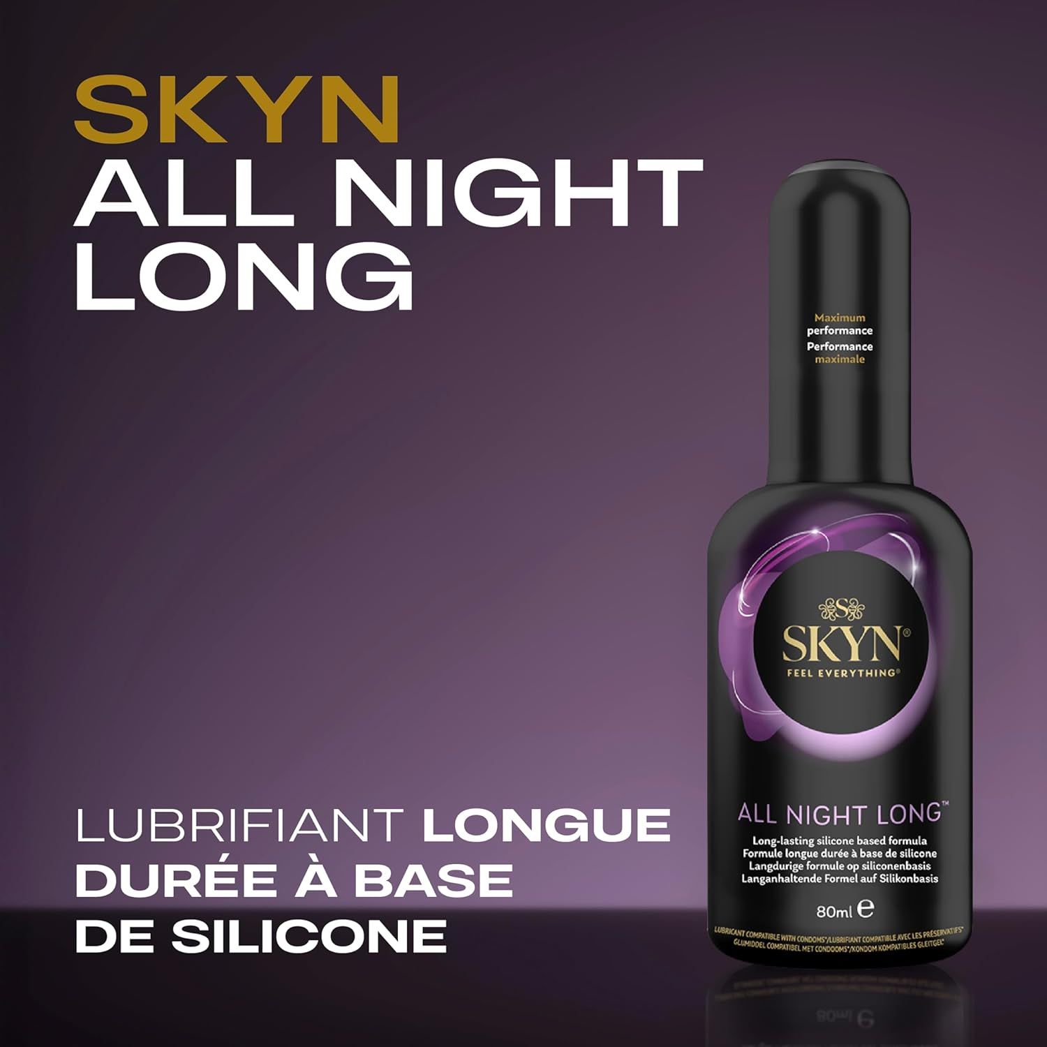 Lubrifiant SKYN All Night Long à base de silicone, flacon noir avec distributeur, fond violet.
