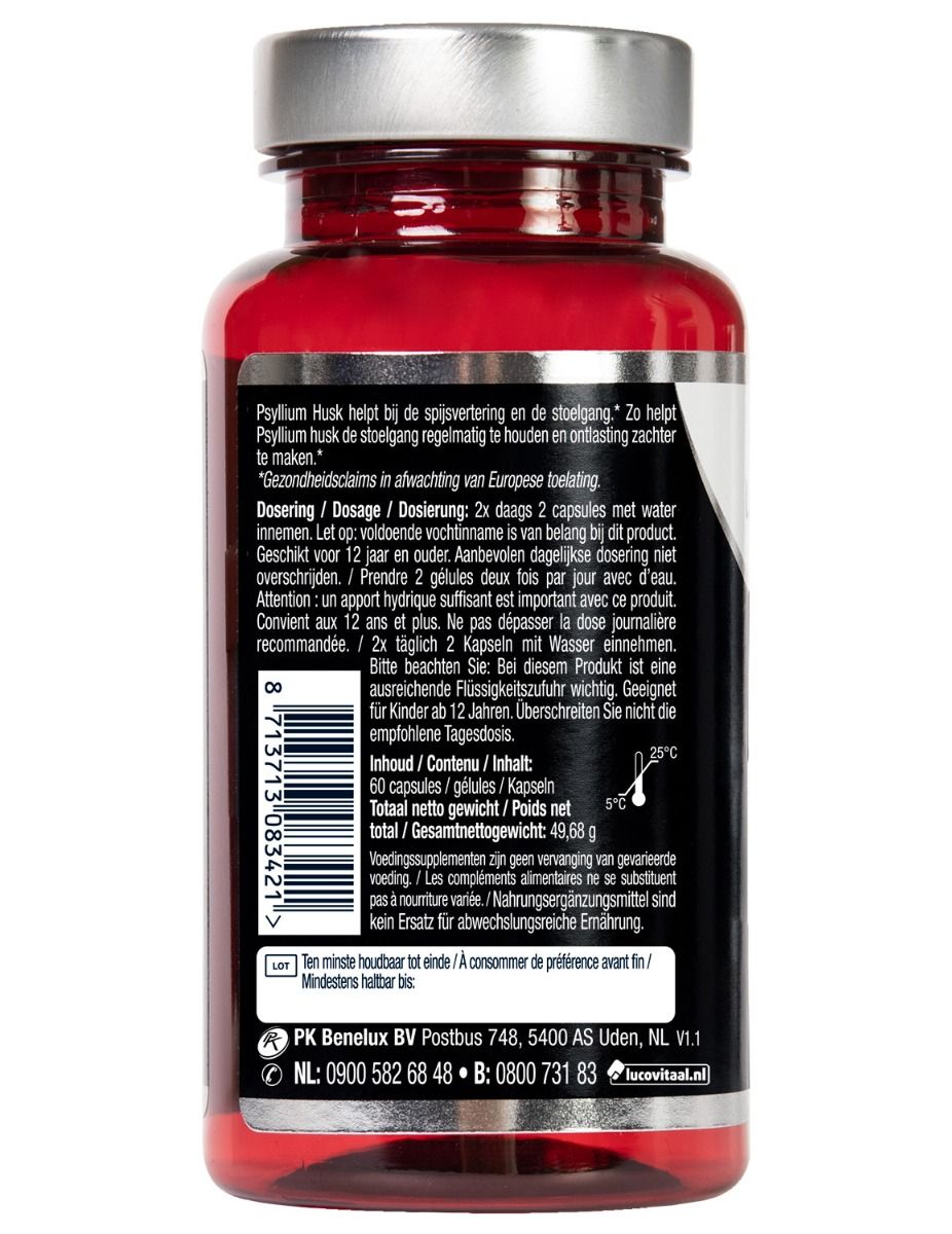Achterkant van de capsulefles. Tekst over gebruik. Streepjescode. Ten minste houdbaar tot.