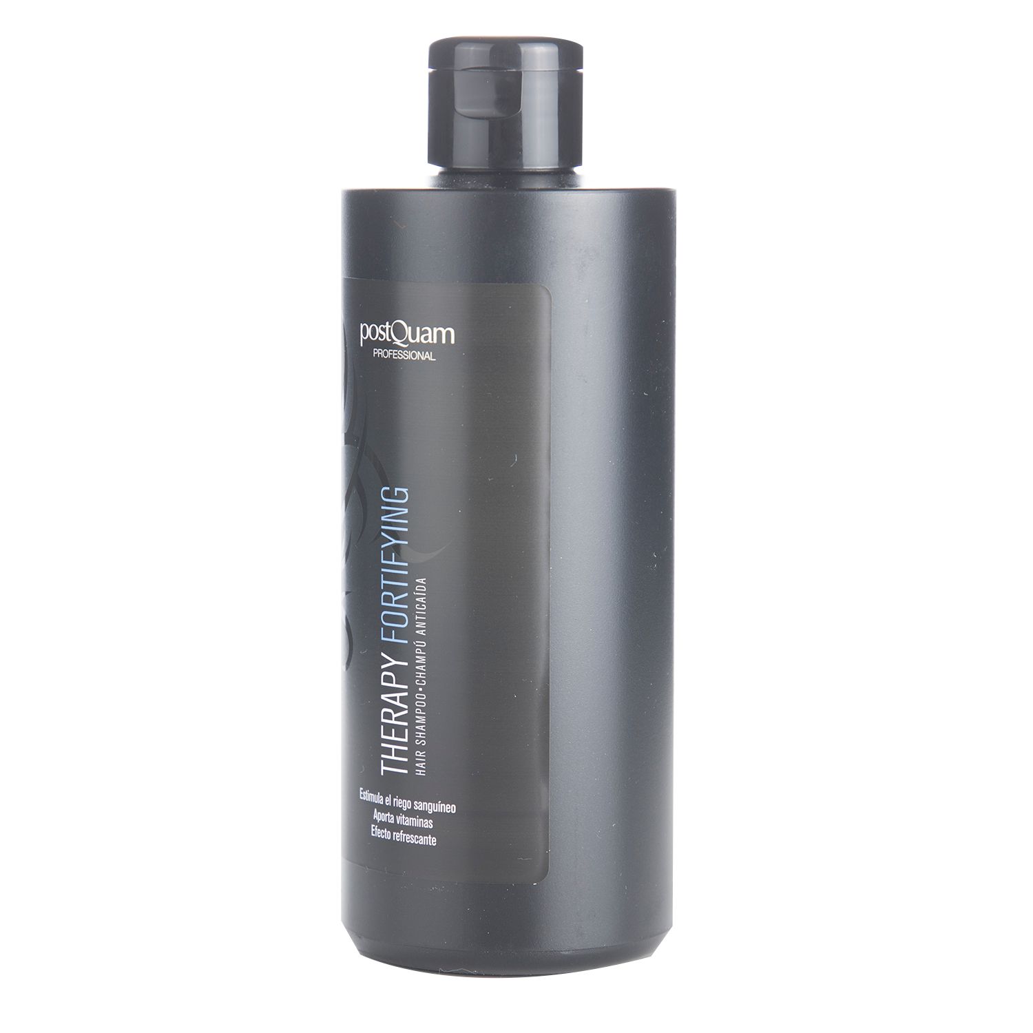 Zwarte shampoo fles met "Postquam Professional" en "Therapy Fortifying" tekst.