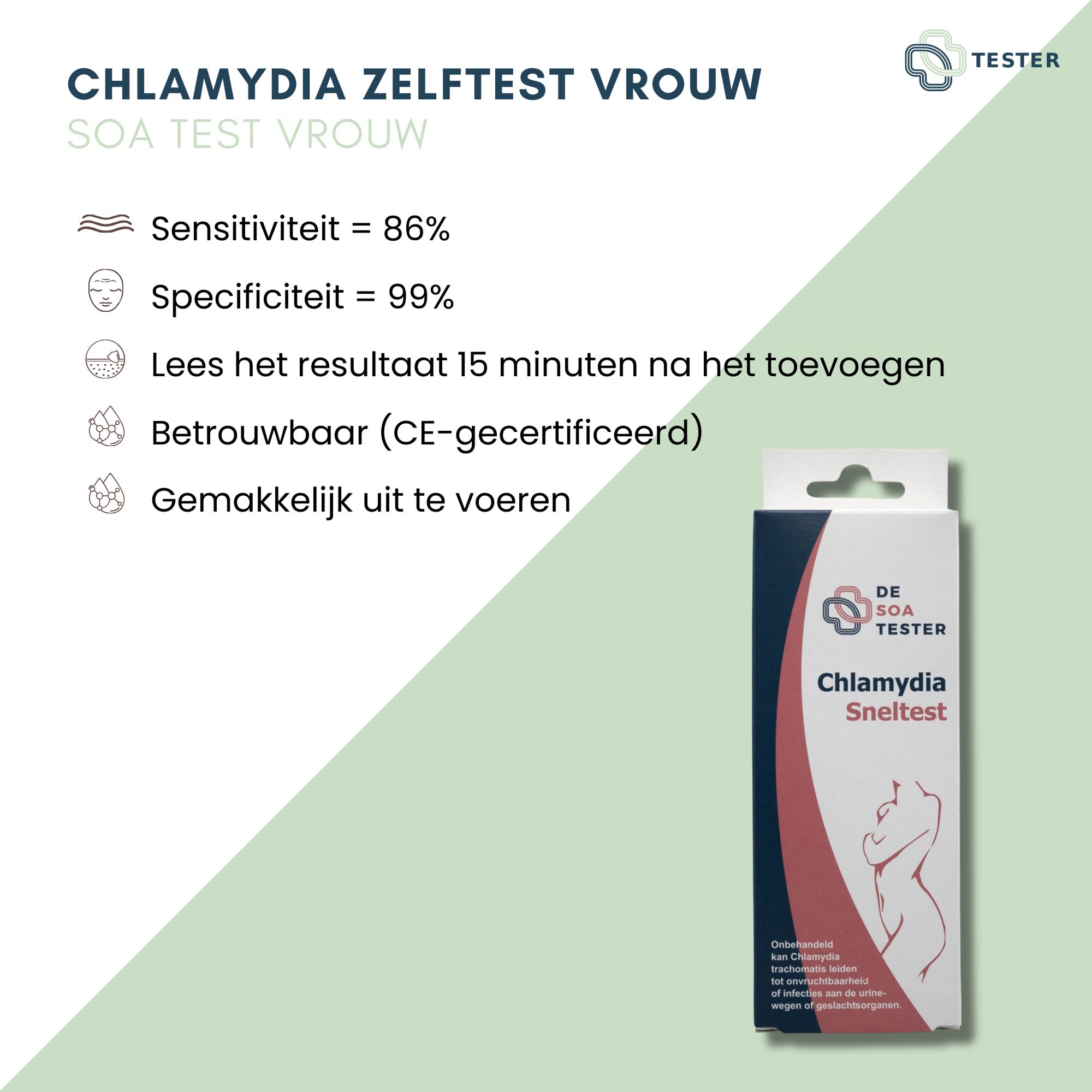 Infographie sur l'autotest de la chlamydia pour femmes. Contient des informations sur la sensibilité, la spécificité et la certification. Avec logo.