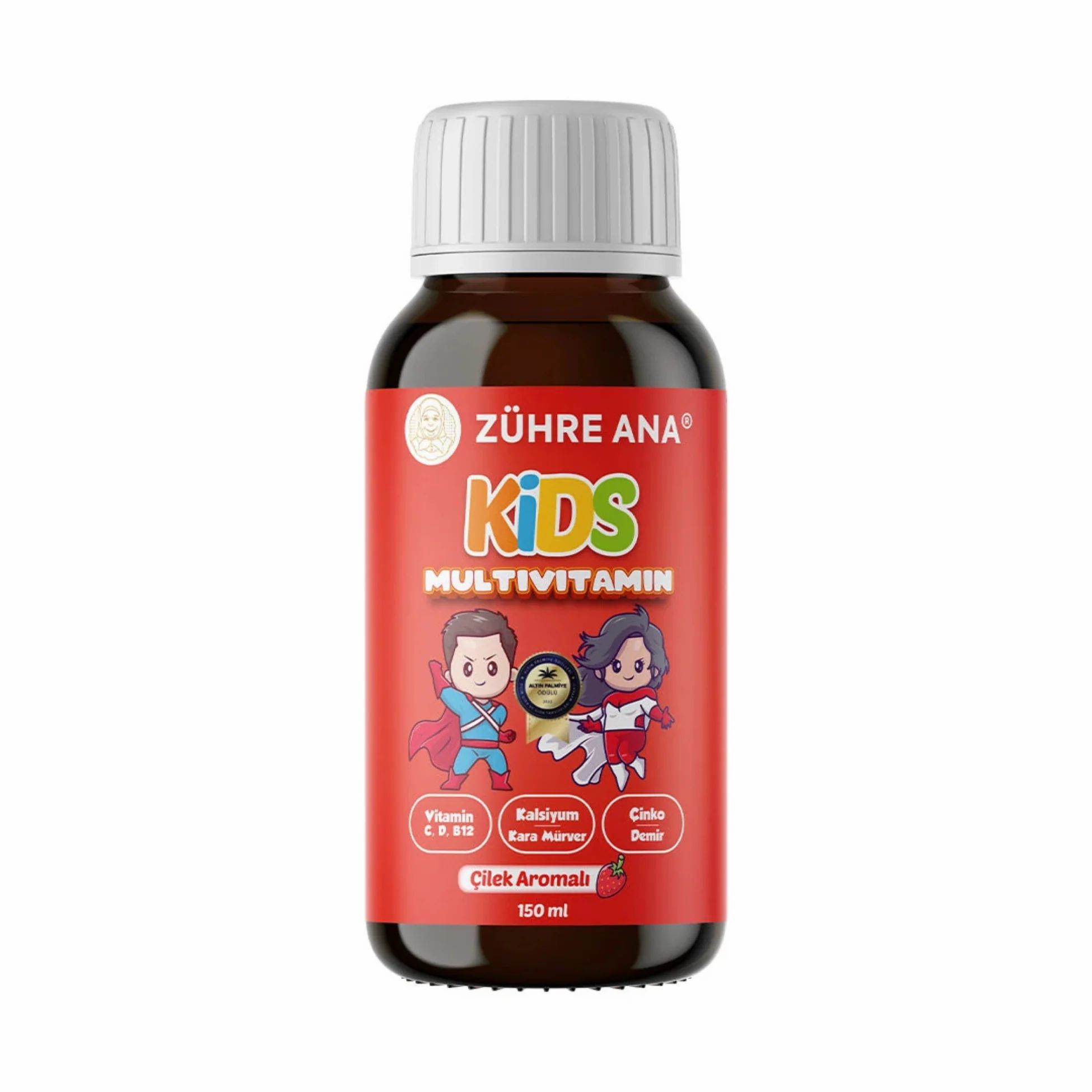 Flacon brun avec bouchon blanc. Inscription: Zühre Ana Kids Multivitamin. Arôme fraise. Avec illustrations.