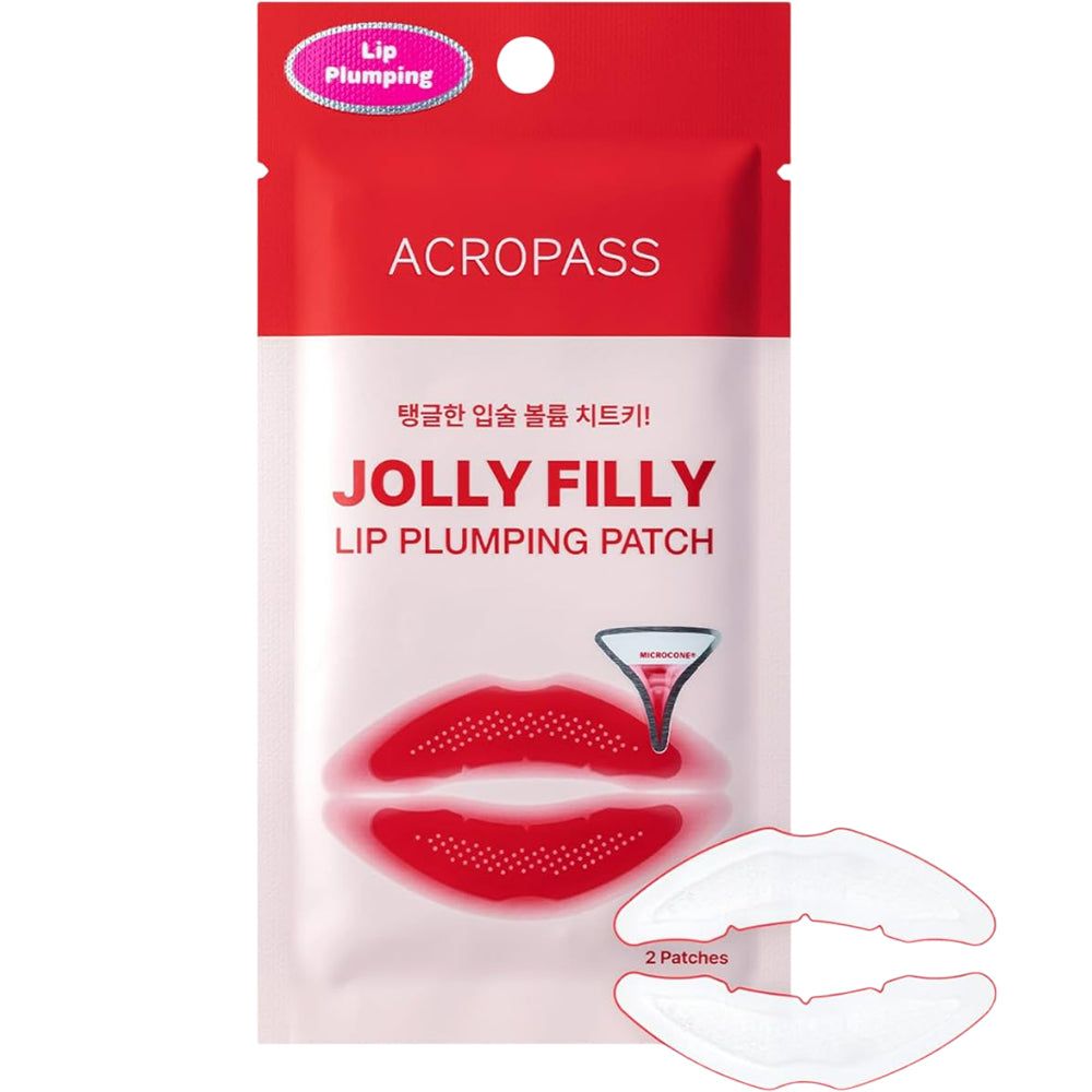 Verpakking ACROPASS Jolly Filly Lip Plumping Patch. Rode en witte verpakking met productnaam en afbeelding van lippen. 2 patches.