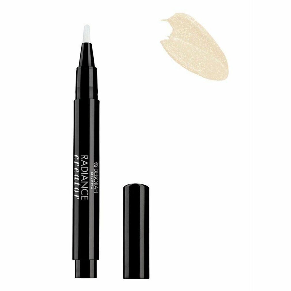Stylo noir avec embout blanc et capuchon. À côté, une touche de crème. Inscription : DEBORAH RADIANCE creator.