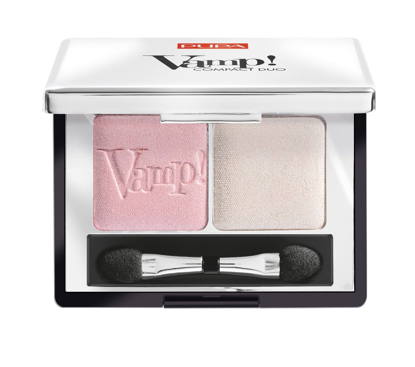 Pupa Vamp! Compact Duo oogschaduw met applicator. Bevat twee kleuren: een roze shimmer en een lichtroze.