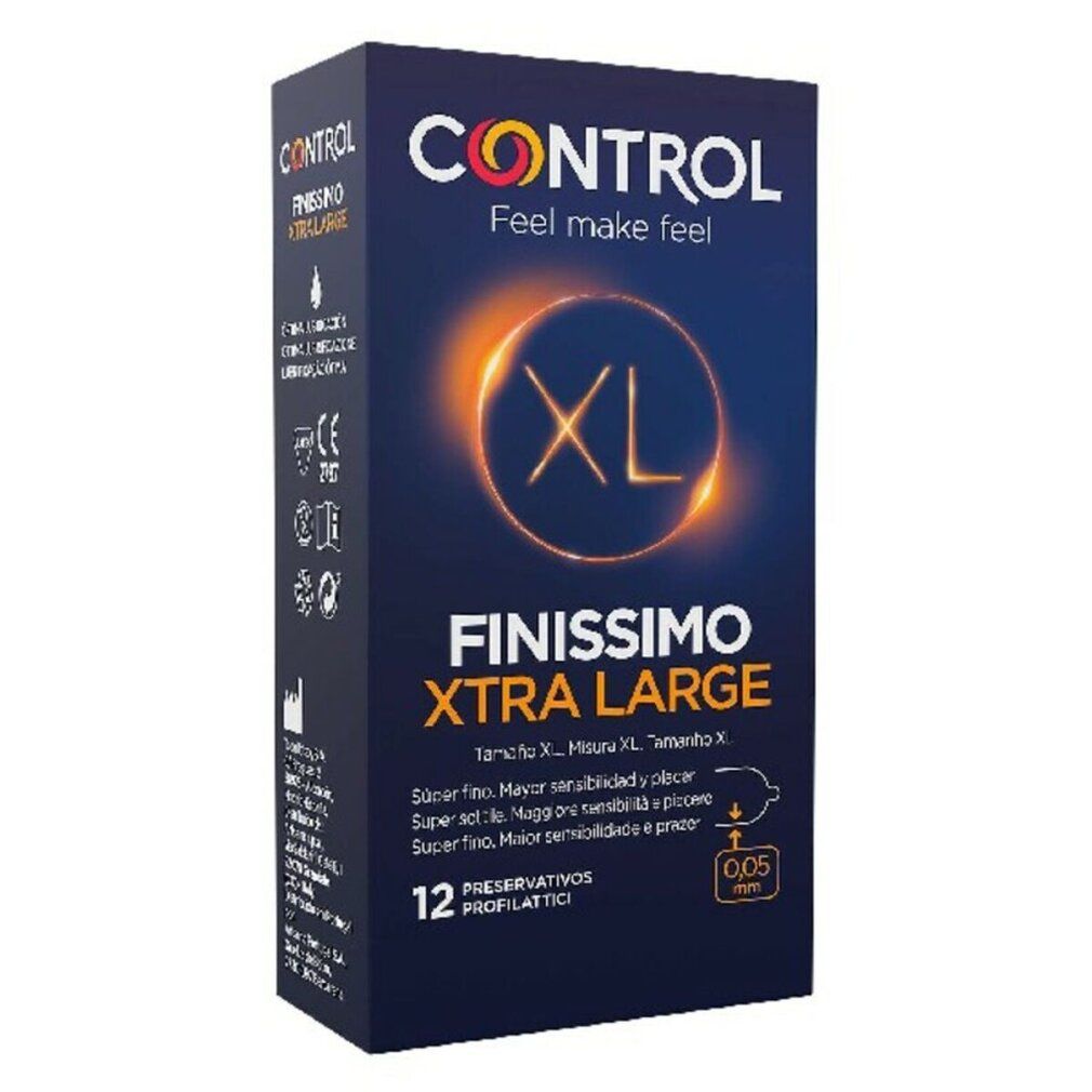Emballage de préservatifs CONTROL FINISSIMO XTRA LARGE. Contient 12 unités. Marque XL et marquage CE.