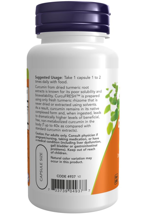 Witte fles met oranje etiket. Bevat capsules. Opschrift: NOW FOODS CurcuFRESH™. Gebruiksaanwijzing en code.
