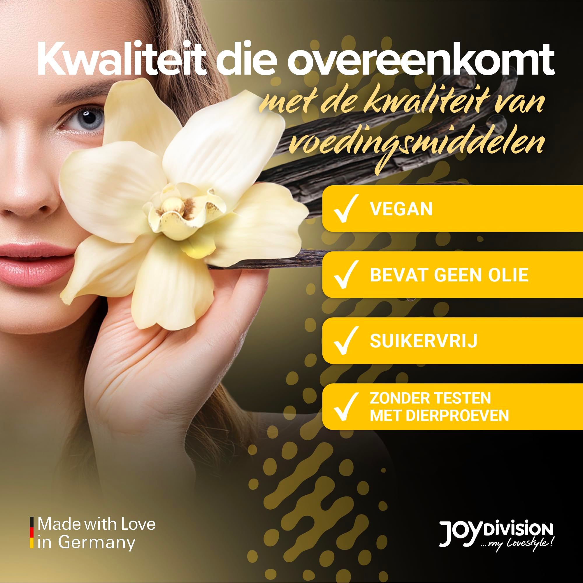 Fles WARMUP Vanille Massage-Liquid met vanillebloem en peulen.