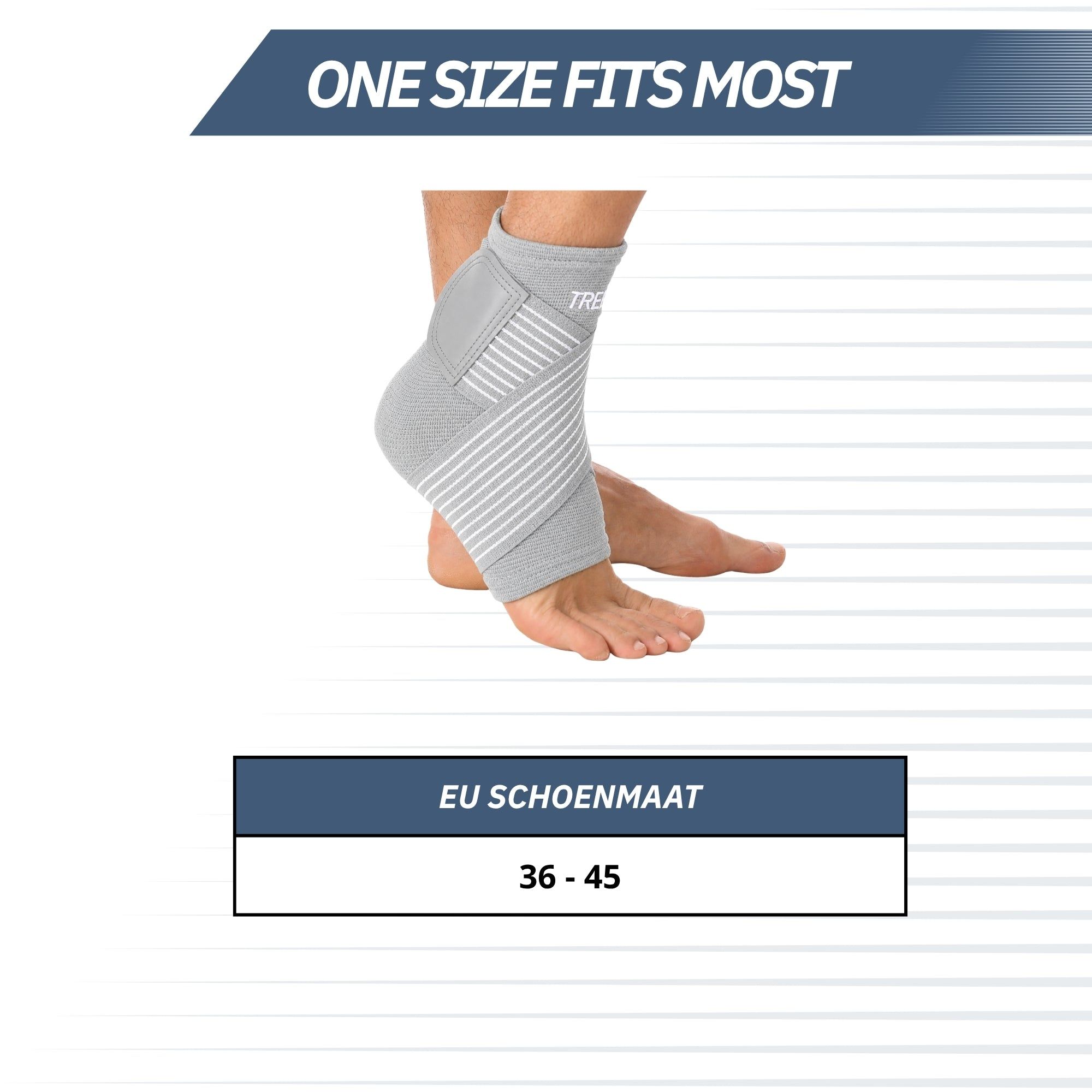 Grijze enkelbrace met witte strepen, "ONE SIZE FITS MOST" en schoenmaten 36-45.
