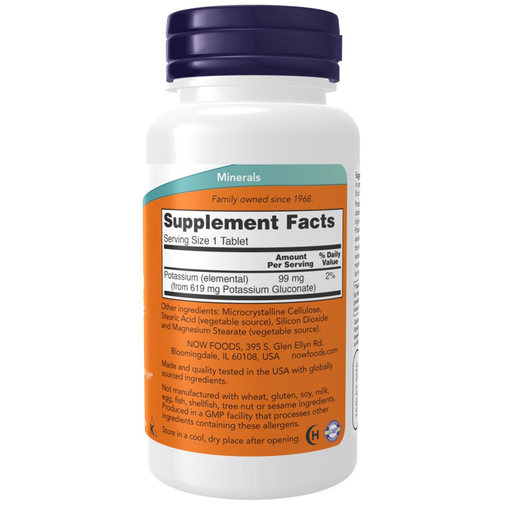 Flacon blanc, bouchon bleu. Étiquette avec informations produit: Now Foods, Potassium Gluconate, 99mg. Informations nutritionnelles, ingrédients.