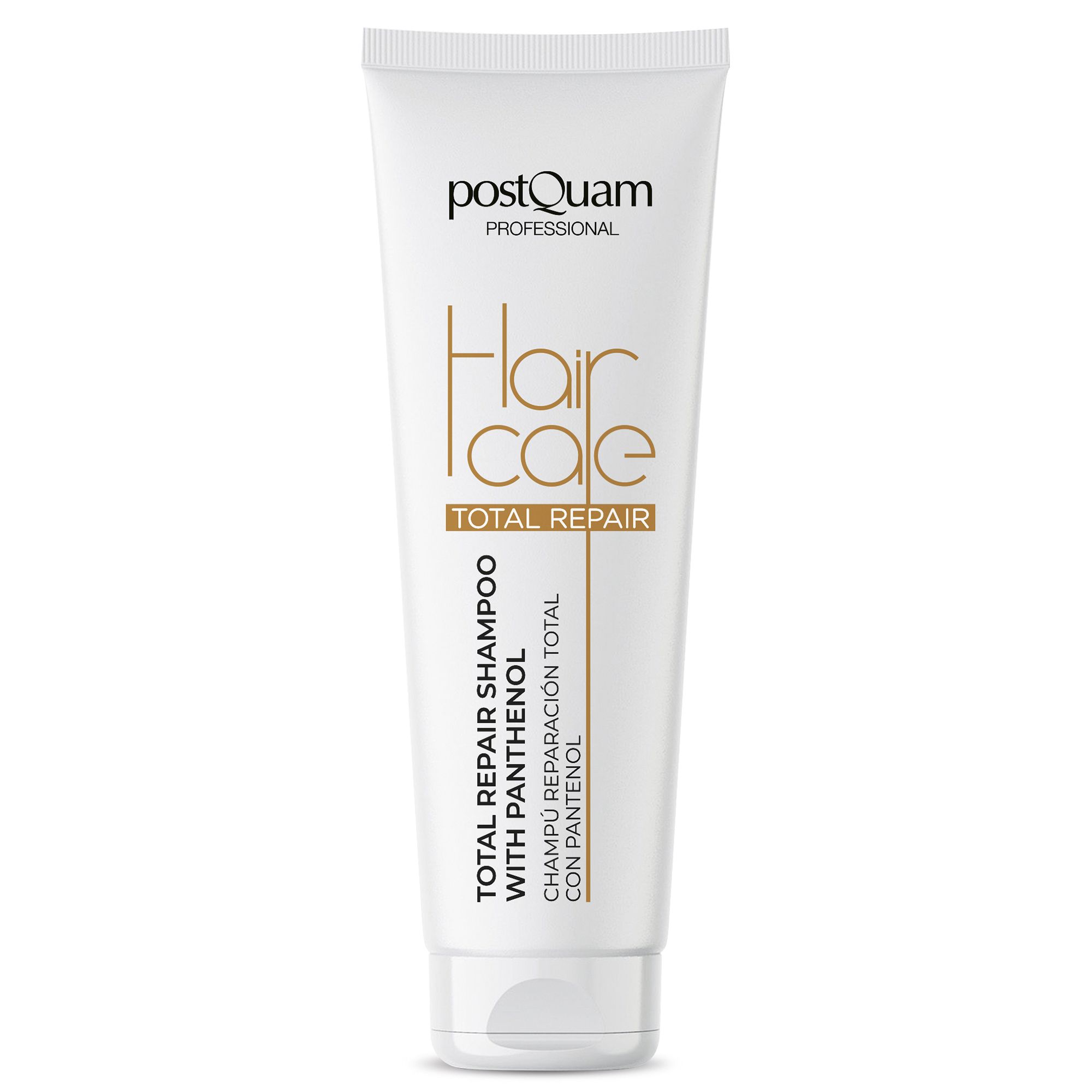 Witte shampoo tube. Opschrift: Postquam Professional, Hair Care Total Repair, Total Repair Shampoo with Panthenol.