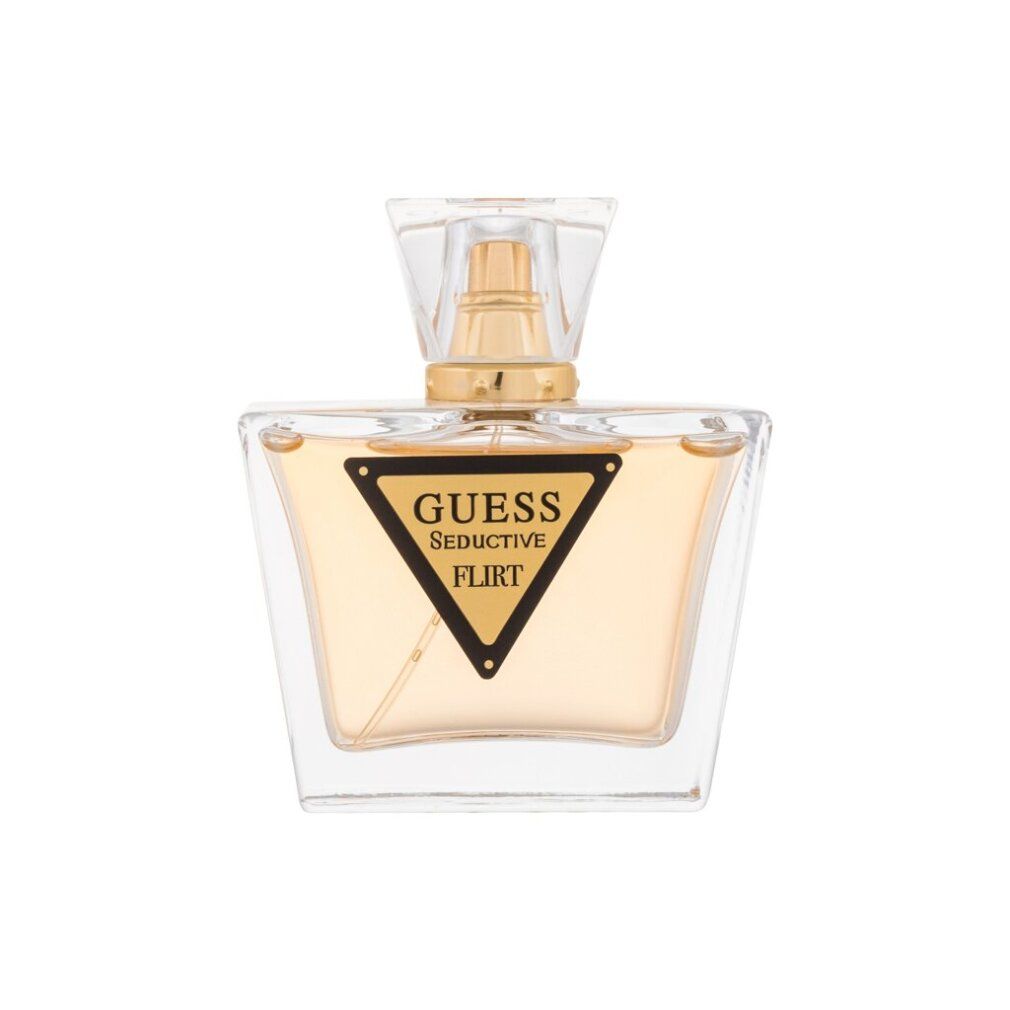 Guess Seductive Flirt fles. Vierkante fles met gouden sluiting en logo. Vloeistof in lichte tint.