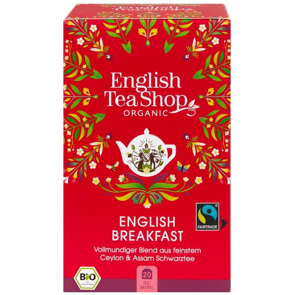 Rode theedoos met "English Tea Shop English Breakfast"-logo. Bio-logo, Fairtrade-logo en 20 zakjes-aanduiding.