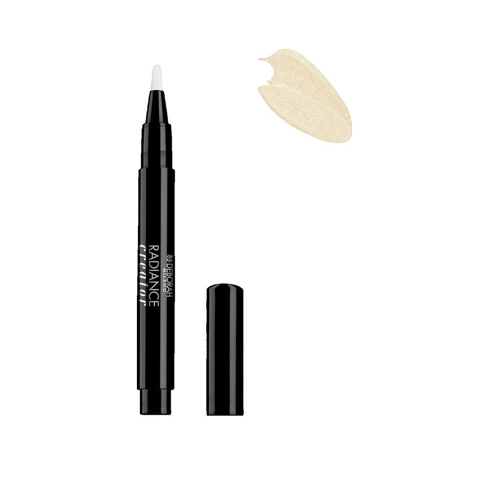 Stylo noir avec embout blanc et capuchon. À côté, une touche de crème. Inscription : DEBORAH RADIANCE creator.