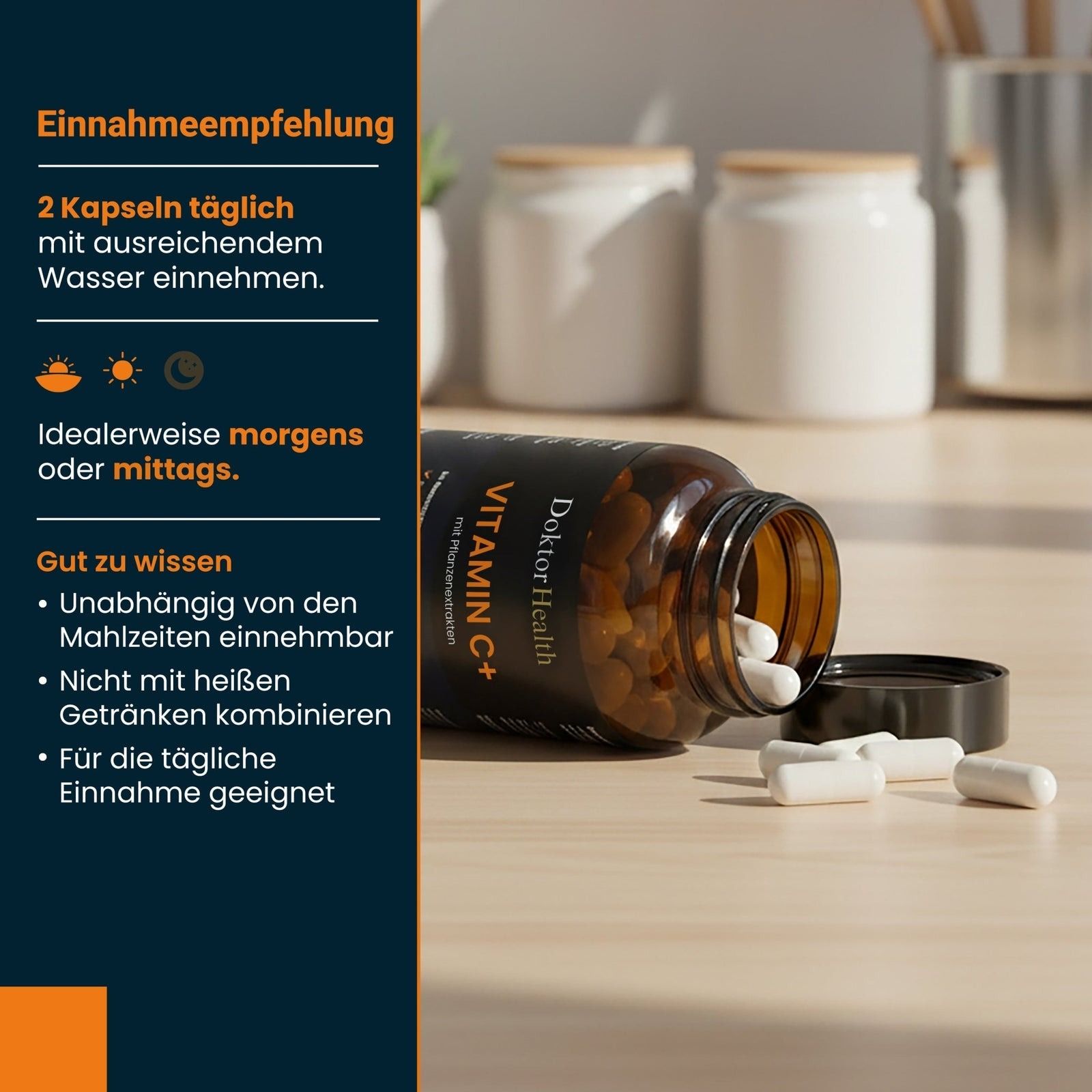 Flacon brun avec gélules blanches. Texte : Recommandations de prise : 2 gélules par jour avec de l'eau. Bon à savoir : Indépendamment des repas.