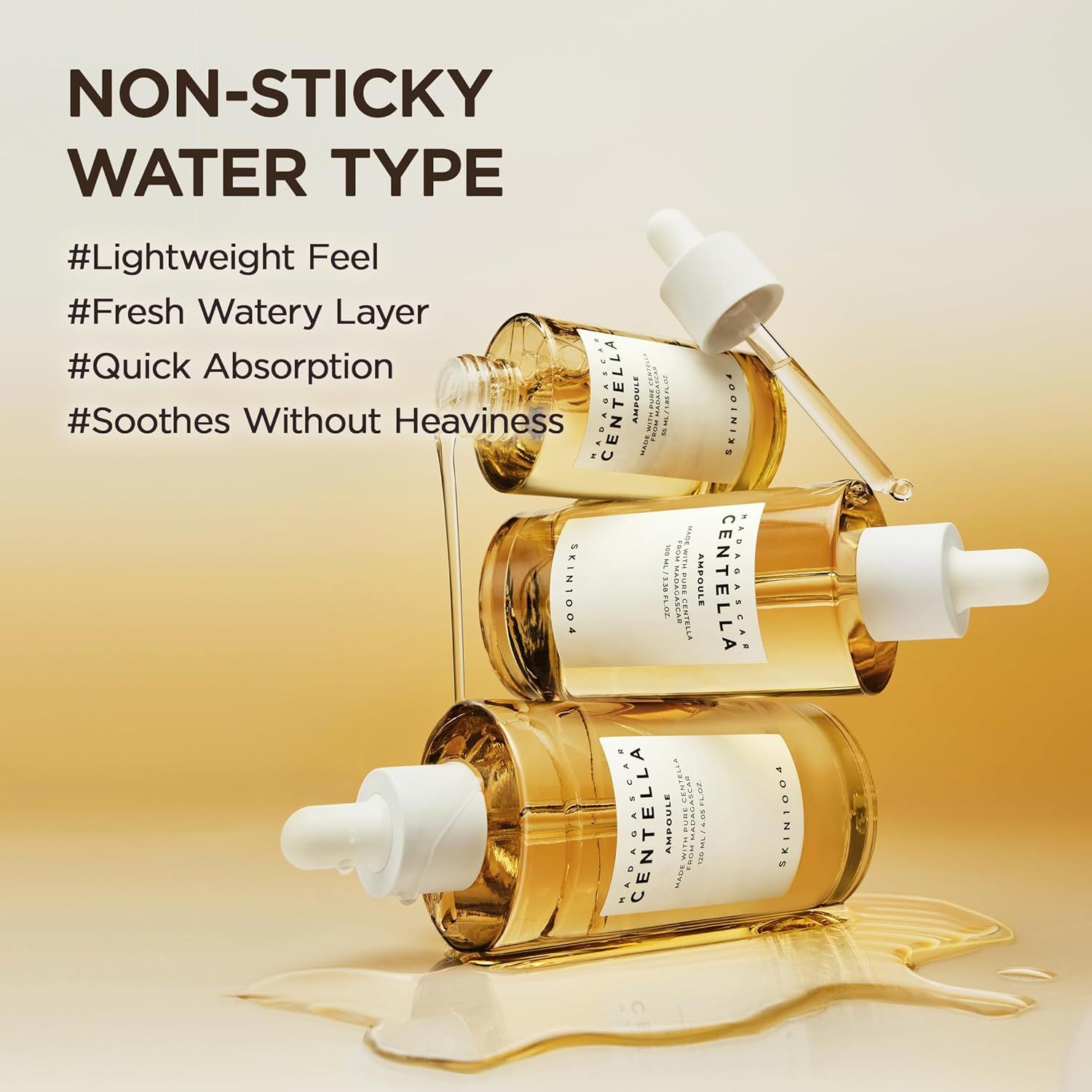 Plusieurs flacons de SKIN1004 Madagascar Centella Ampoule. Texte : Non-Sticky Water Type.