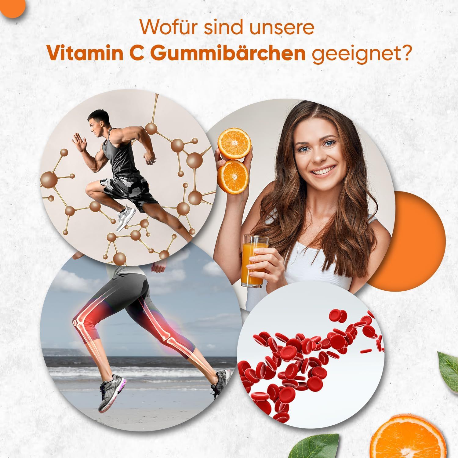 Vier ronde afbeeldingen met atleten, sinaasappels en rode bloedcellen. Tekst: Waar zijn onze vitamine C gummies goed voor?