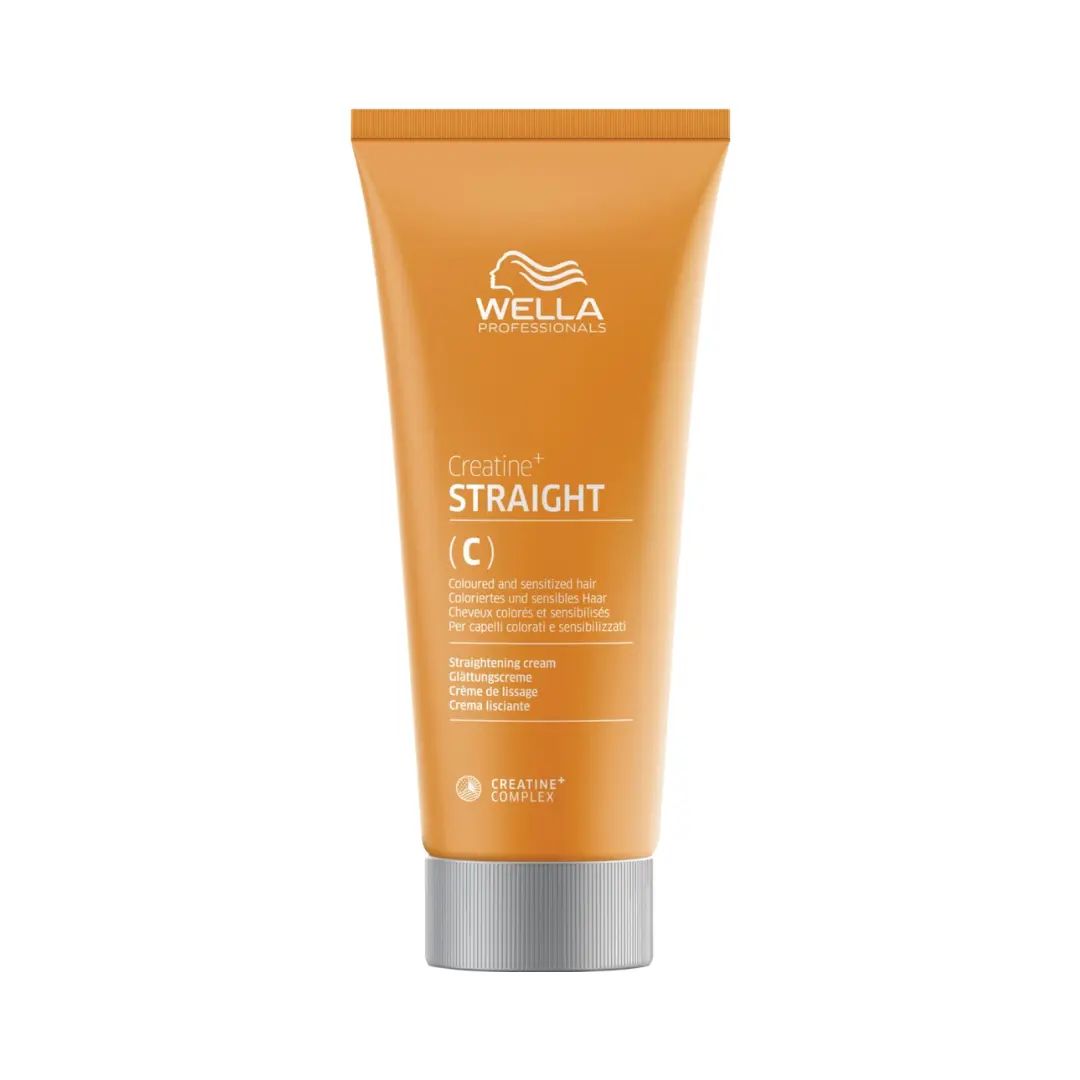 Oranje tube met zilveren dop. Opschrift: Wella Professionals, Creatine+ Straight (C). Voor gekleurd en gevoelig haar.