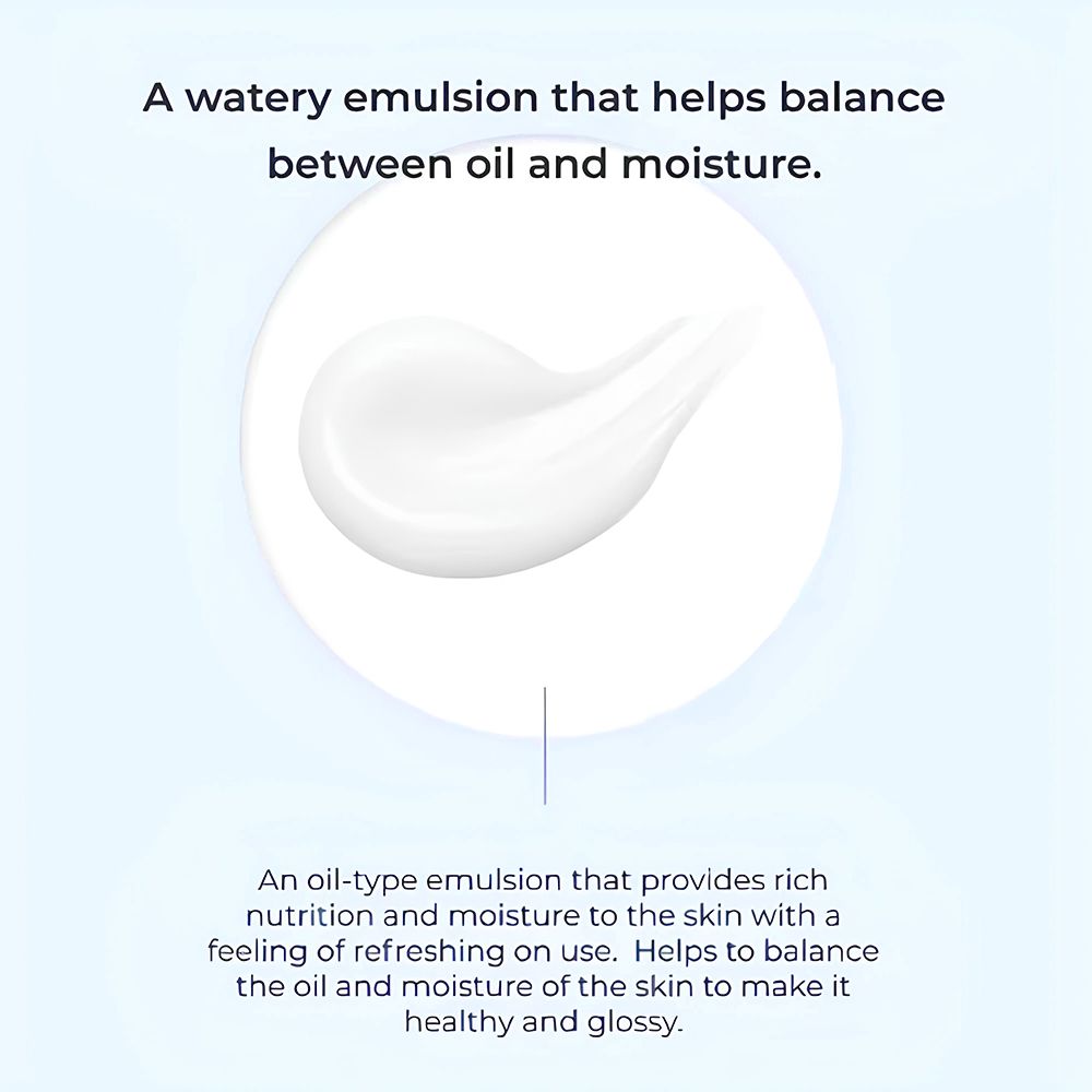 Émulsion blanche sur cercle blanc. Texte: « Émulsion huileuse qui hydrate ». Fond bleu.