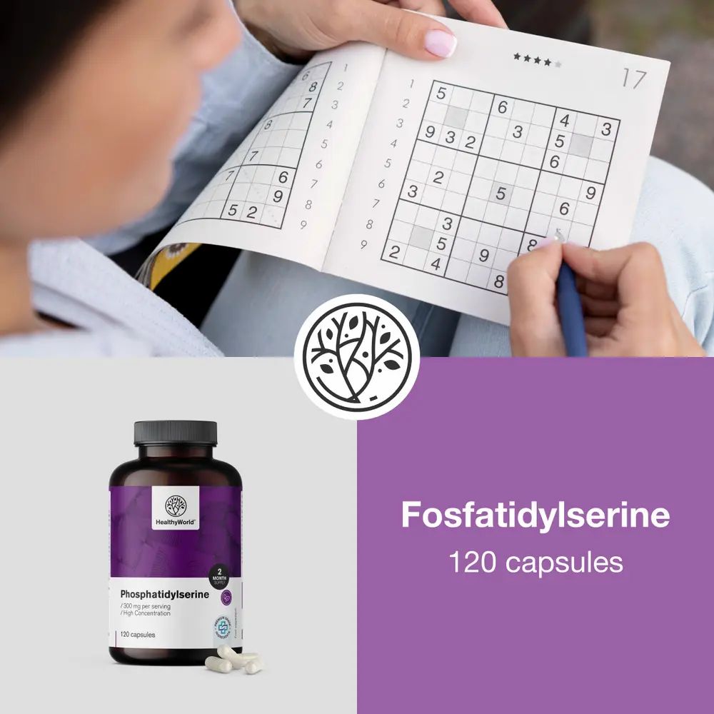Collage: Vrouw die Sudoku oplost, ernaast een doos fosfatidylserine en een fles met 120 capsules.
