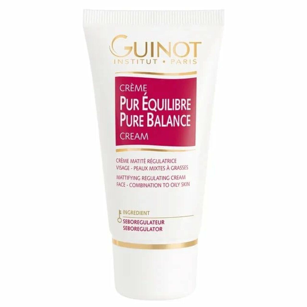 Tube blanc et rouge avec nom de produit et marque. Texte: Crème Pur Équilibre, Pure Balance Cream, pour peaux mixtes.