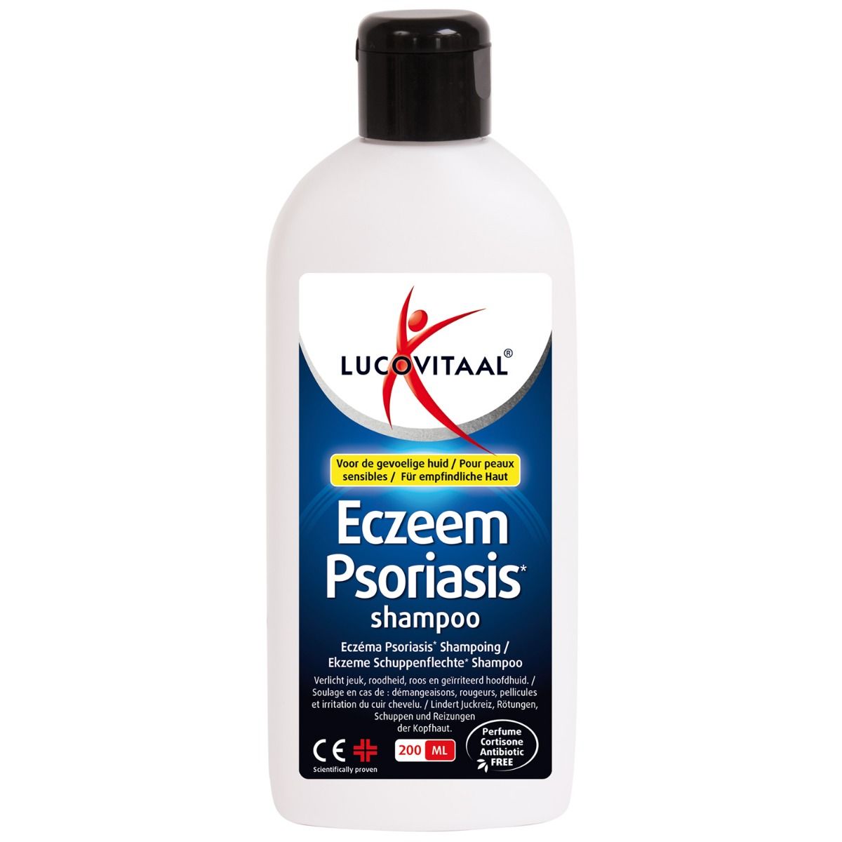 Flacon blanc avec bouchon noir. Étiquette avec logo et nom du produit : Eczema Psoriasis Shampoo. Marquage CE.