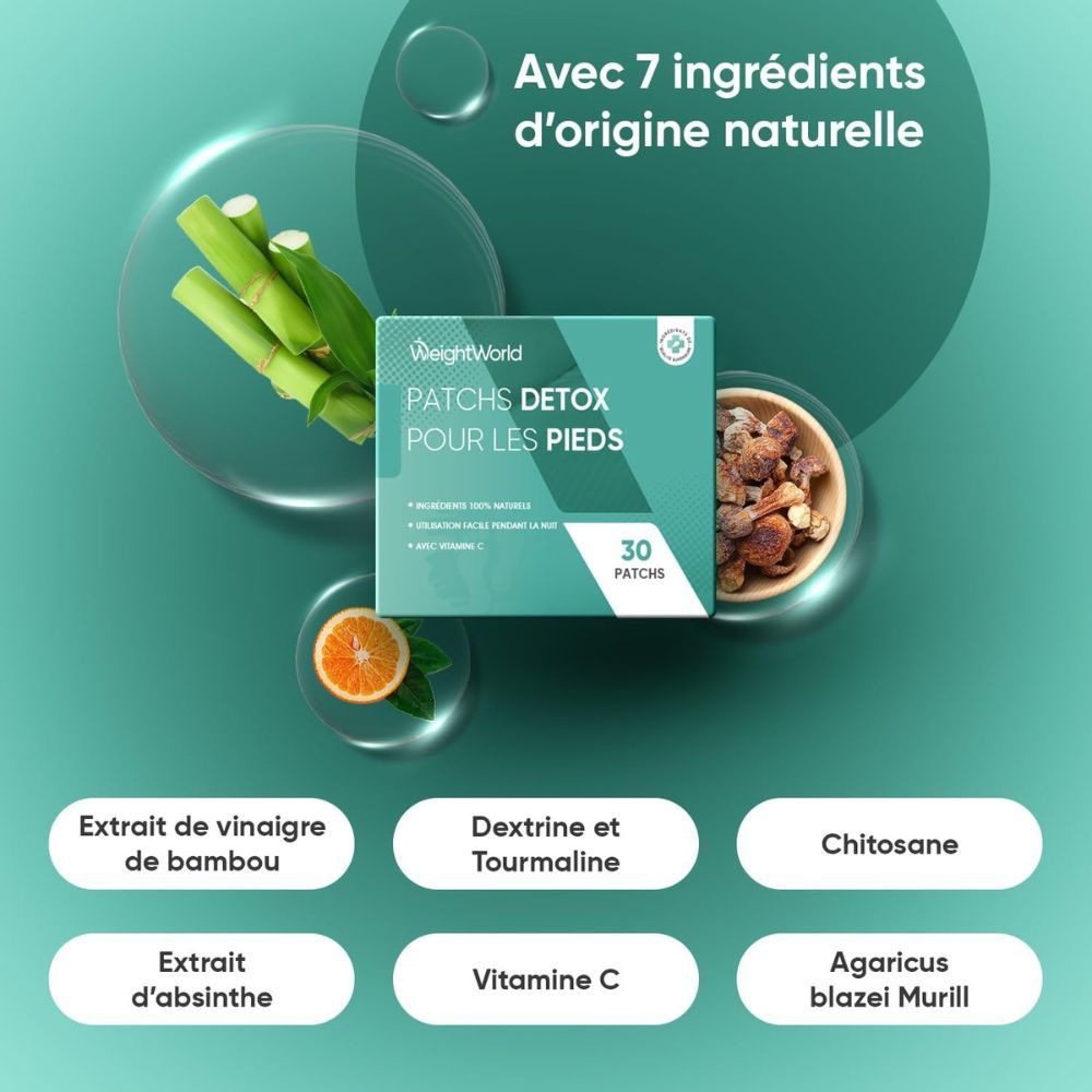 WeightWorld Patchs Detox pour les pieds. 7 ingrédients naturels. Image du produit avec ingrédients : bambou, orange, champignons.