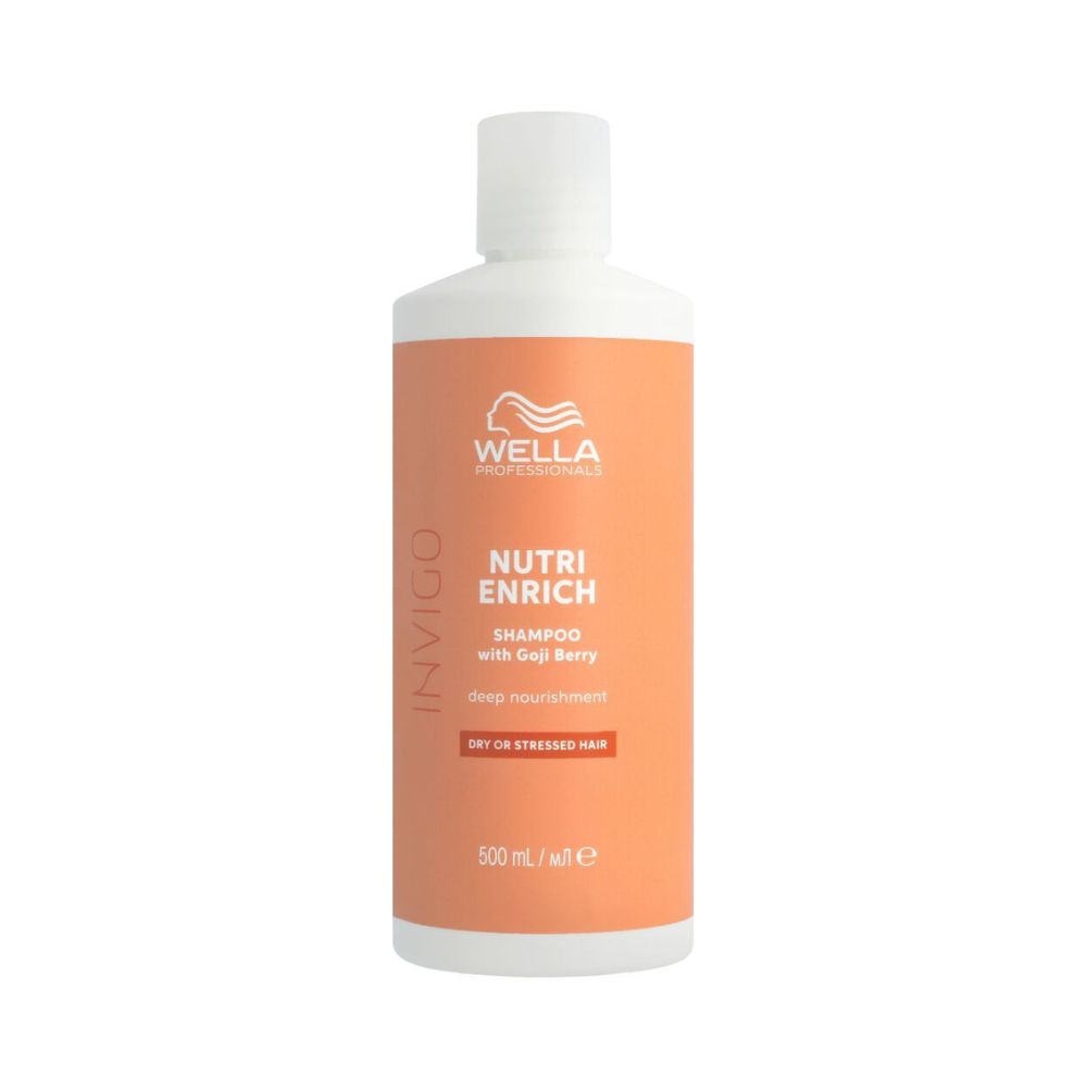 Shampoo Wella Invigo Nutri-Enrich. Bouteille avec étiquette orange. Contient de la baie de Goji. Pour cheveux secs ou abîmés.