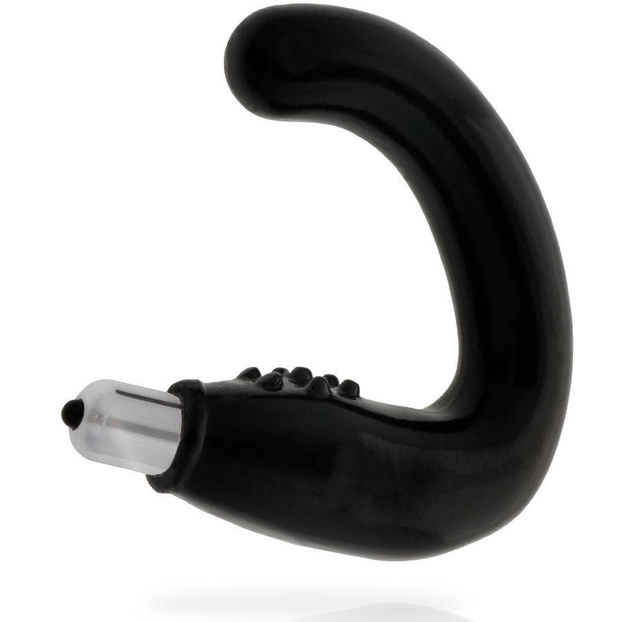 Vibrateur anal noir incurvé avec rainures et pointe métallique.