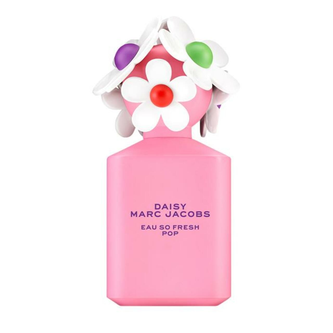 Roze fles met witte bloemvormige dop. Opschrift: Daisy Marc Jacobs Eau So Fresh Pop.
