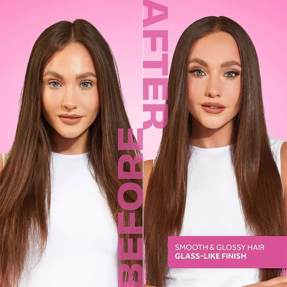 Voor-en-na-afbeelding. Twee vrouwen met bruin haar. Tekst: Smooth & Glossy Hair, Glass-Like Finish. Roze achtergrond.