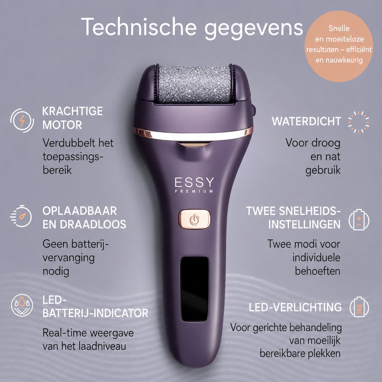 Paarse elektrische voetvijl met twee snelheden en LED-indicator.