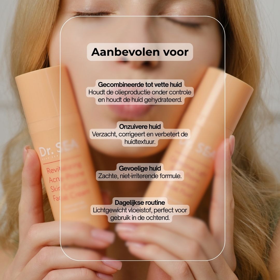 Beige fles en verpakking. Opschrift: Dr. SEA, Corrective Light, Acne-Prone Skin Control Facial Fluid.