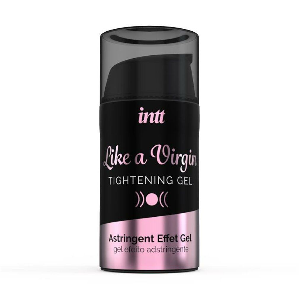 Flacon noir avec texte: INTT, Like a Virgin, Tightening Gel, Astringent Effet Gel. Bouchon transparent. Accent rose.