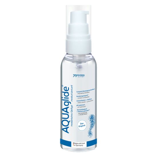 Flacon transparent avec pompe blanche. Inscription: AQUAglide, gel lubrifiant médical. Avec logo et texte.