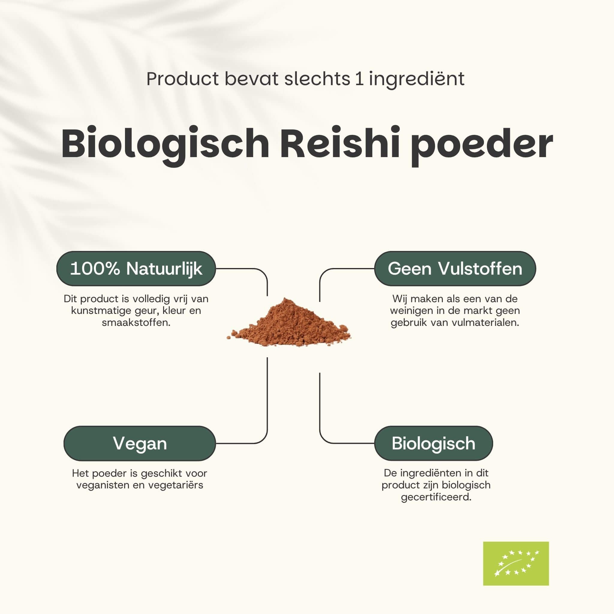 Tekst: Biologisch Reishi poeder. 100% natuurlijk, geen vulstoffen, vegan, biologisch. Bruin poeder in het midden. Groen bio-keurmerk.
