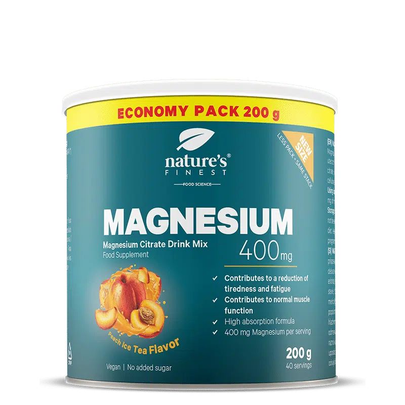 Boîte "MAGNESIUM 400mg" saveur thé glacé pêche. Pack économique 200g. Marque "Nature's Finest".
