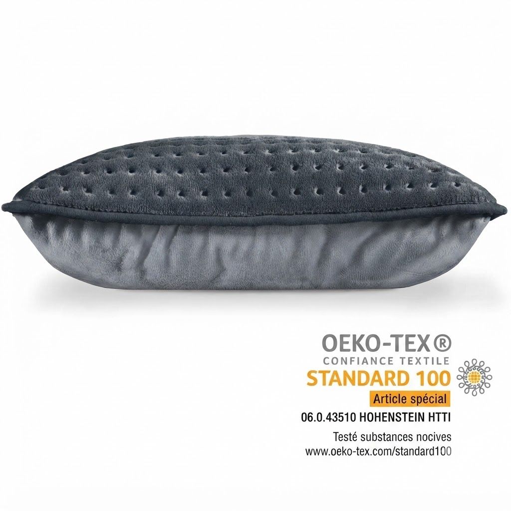 Coussin chauffant gris avec surface matelassée et tissu doux. Certifié OEKO-TEX STANDARD 100.