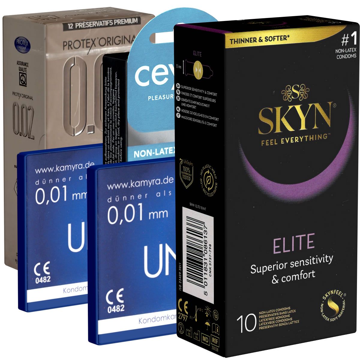 Verschillende condoomsverpakkingen. Merken: Protex Original, ce, SKYN Elite. Opschriften: 0,01 mm, Non-Latex, 10 stuks.