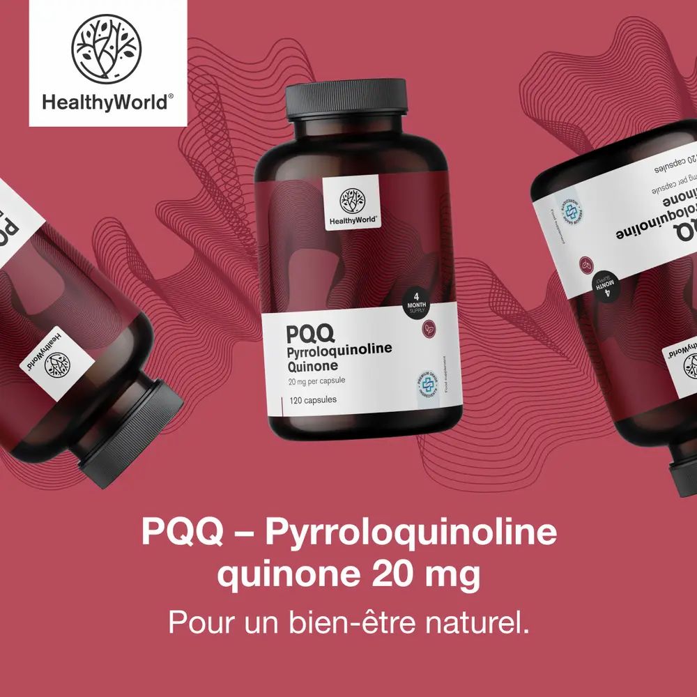 Trois flacons avec texte : PQQ Pyrrolochinoline Quinone 20 mg, 120 gélules. Marque : HealthyWorld.