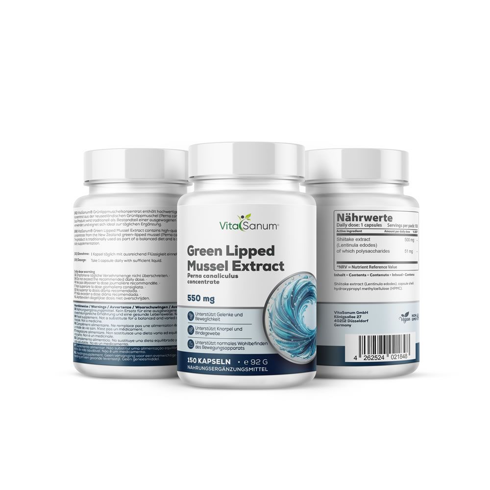 Trois flacons de gélules VitaSanum d'extrait de moule verte, 550 mg. Un montre le devant, deux l'arrière avec informations nutritionnelles.